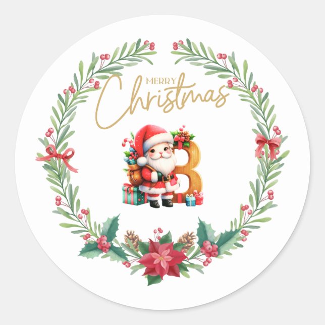 Monogram letter B, Christmas Wreath w/ Santa Claus Classic Round Sticker (Front)