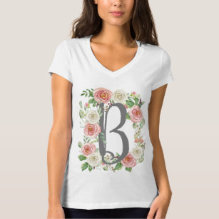 Monogram Letter B Watercolor Rose Floral Foliage T-Shirt