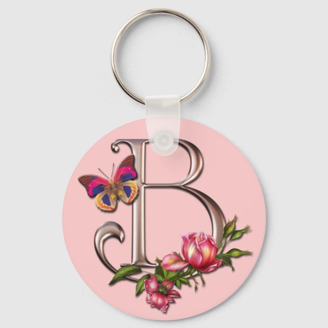 MONOGRAM LETTER B WITH ROSES AND BUTTERFLY KEY RING (Front)