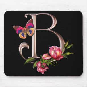 MONOGRAM LETTER B WITH ROSES AND BUTTERFLY MOUSE PAD