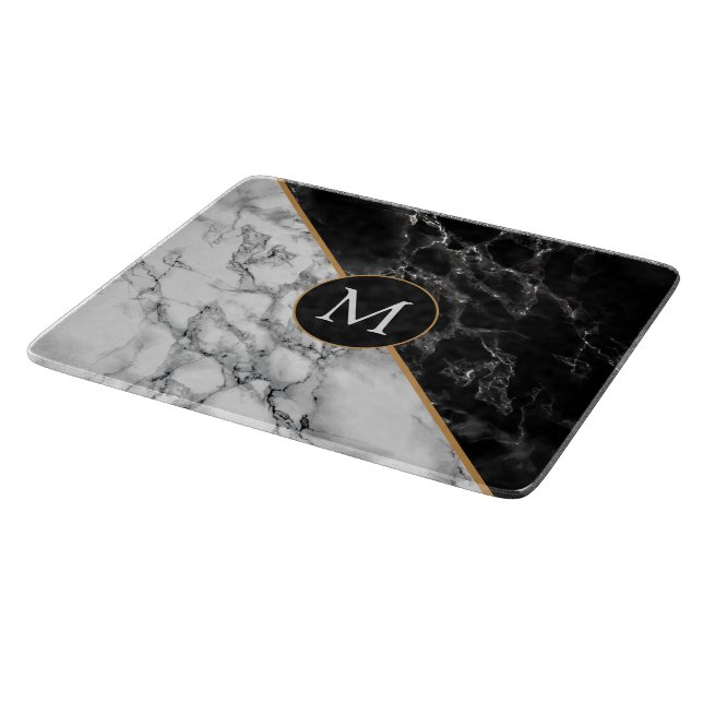 Monogram Letter Black White Marble Cutting Board (Corner)