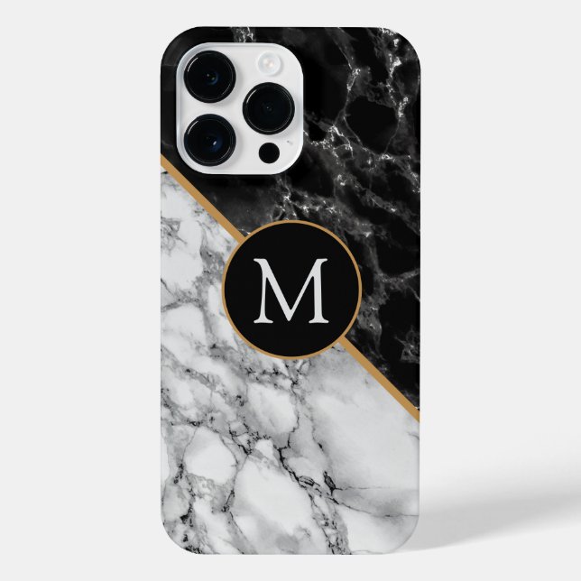 Monogram Letter Black White Marble Personalized iPhone Case (Back)