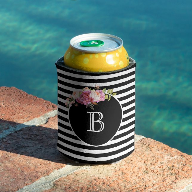 Monogram Letter Black & White Stripes Personalised Can Cooler (In Situ Pool)