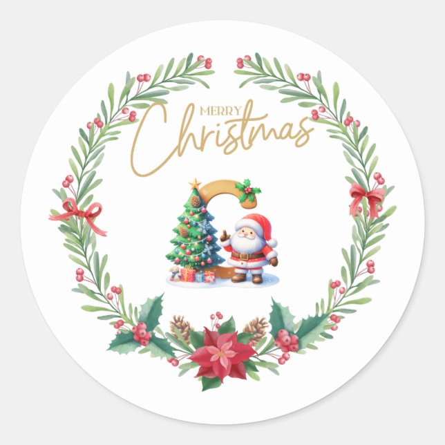 Monogram letter C, Christmas Wreath w/ Santa Claus Classic Round Sticker (Front)