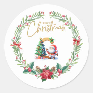 Monogram letter C, Christmas Wreath w/ Santa Claus Classic Round Sticker