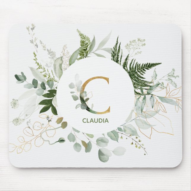 Monogram Letter C Fern & Succulent Mouse Pad (Front)