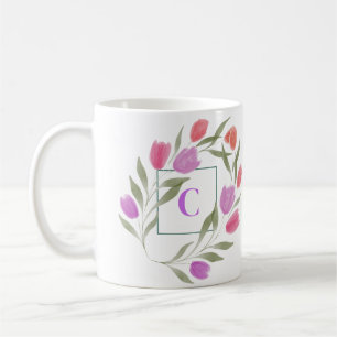 Monogram Letter C Purple & White with flowers Coffee Mug