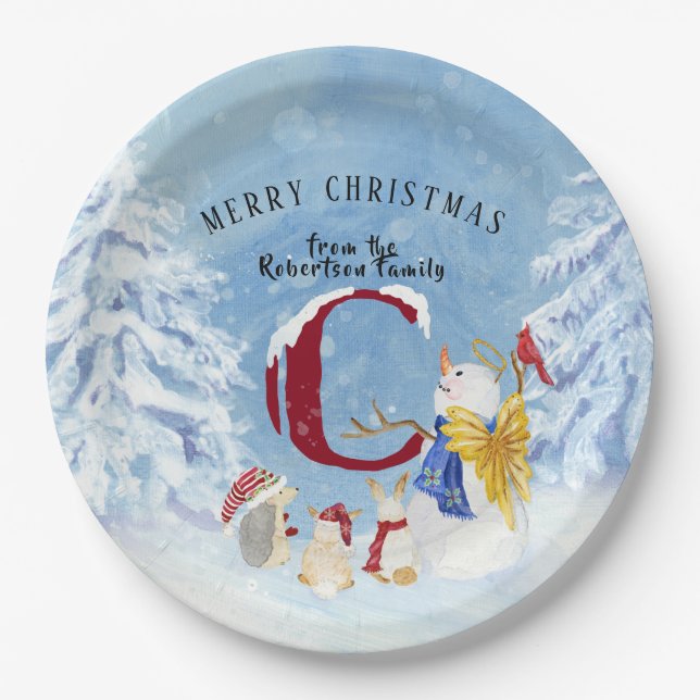 Monogram Letter C Snowy Christmas Angel Snowman Paper Plate (Front)