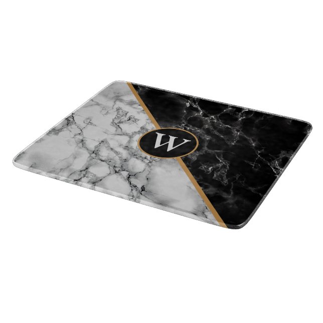 Monogram Letter Cutting Board Black White Marble (Corner)