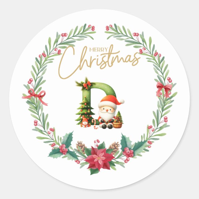 Monogram letter D, Christmas Wreath w/ Santa Claus Classic Round Sticker (Front)
