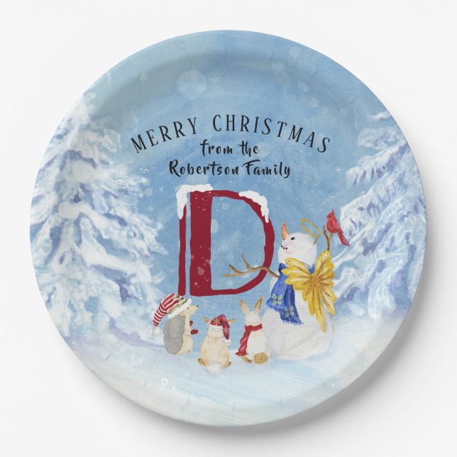 Monogram Letter D Cute Angel Snowman Christmas Paper Plate (Front)