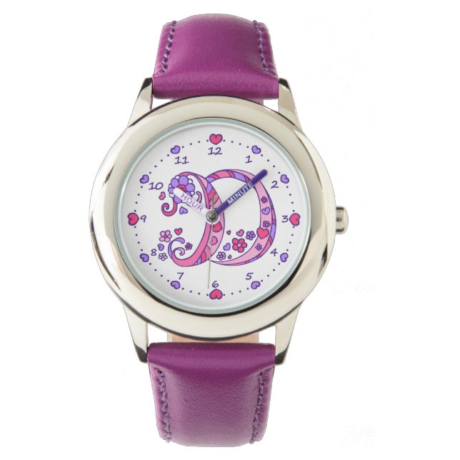 Monogram letter D doodle heart girls watch (Front)