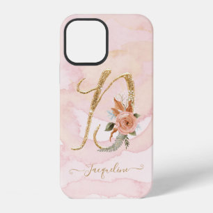 Monogram Letter D Gold Script Watercolor Floral iPhone 12 Case