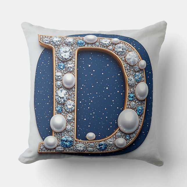 Monogram Letter D Navy Pearl Accent Cushion (Front)