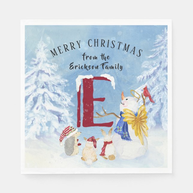 Monogram Letter E Christmas Snowman Angel Woodland Napkin (Front)