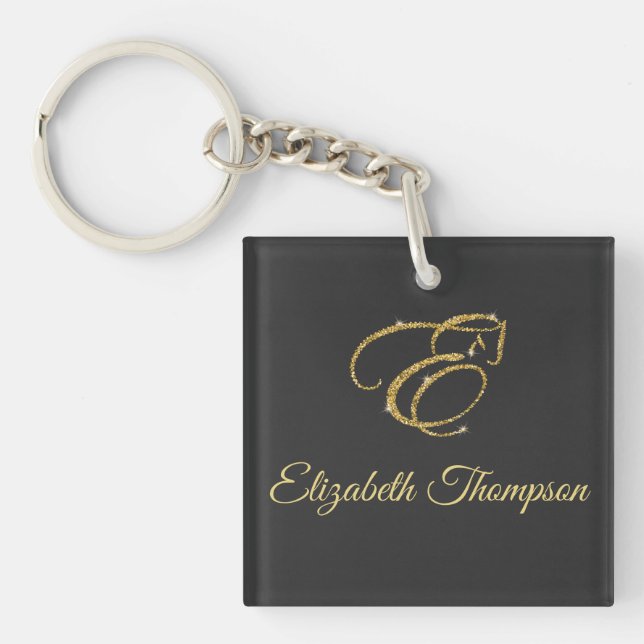 Monogram Letter E Horse in gold glitter Key Ring (Front)