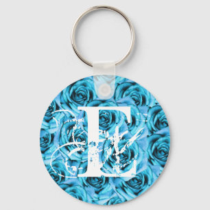 Monogram Letter E Ice Blue Roses Keychain