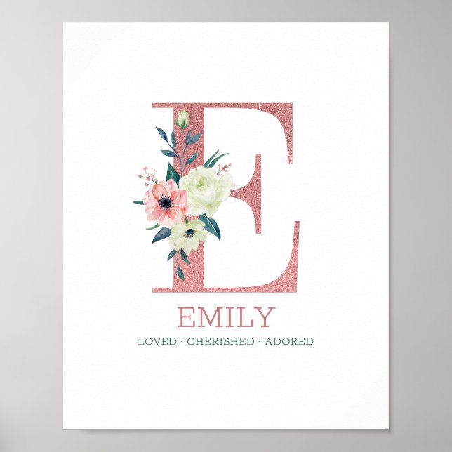 Monogram Letter E Pink Watercolor Floral Nursery Poster (Front)