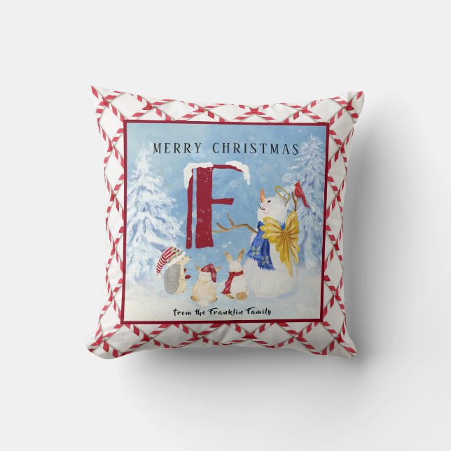 Monogram Letter F Adorable Angel Snowman Forest Cushion (Front)