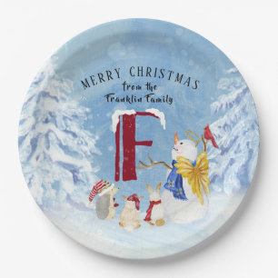Monogram Letter F Adorable Angel Snowman Forest Paper Plate
