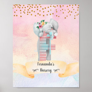 Monogram Letter F Baby Elephant Girl Nursery Poster