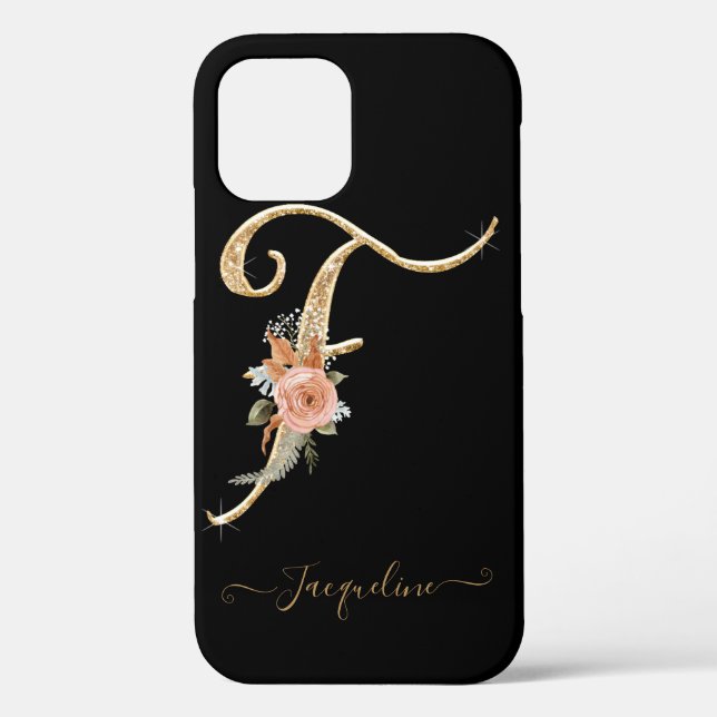 Monogram Letter F Gold Script Pink Floral Black Case-Mate iPhone Case (Back)