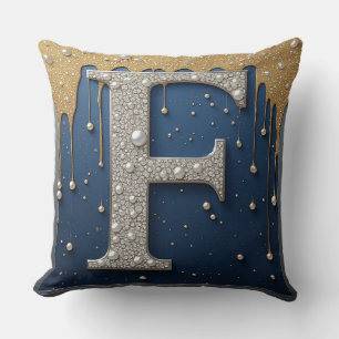 Monogram Letter F Navy Gold Dripping Paint Cushion