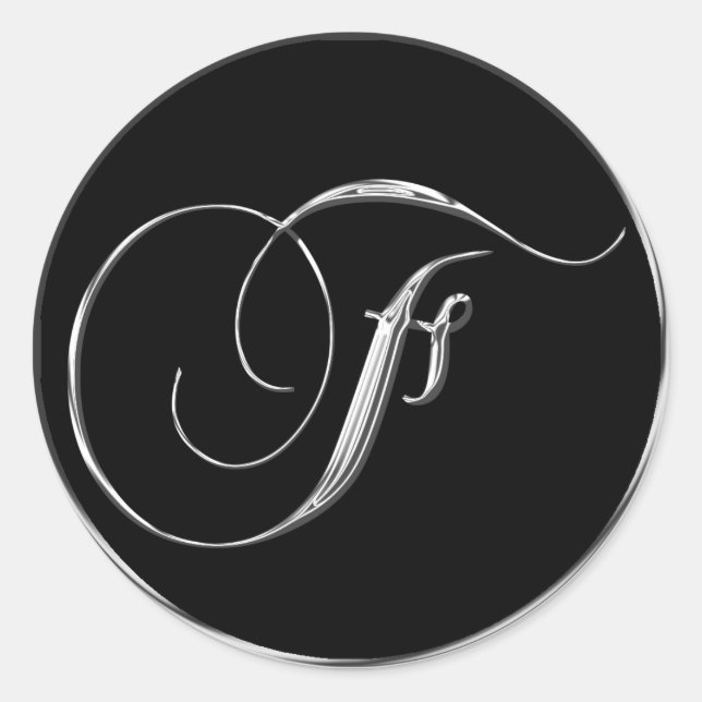 Monogram Letter F Sliver On Black Wedding Seal (Front)