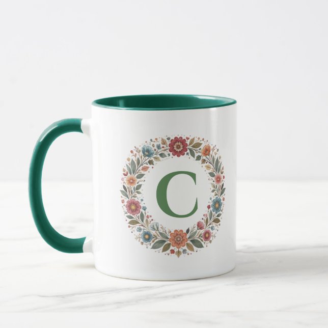 Monogram Letter Folk Flowers Wreath Custom Gift Tw Mug (Left)