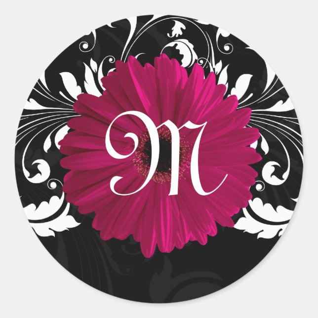 Monogram Letter Fuchsia, Black/White Gerbera Daisy Classic Round Sticker (Front)