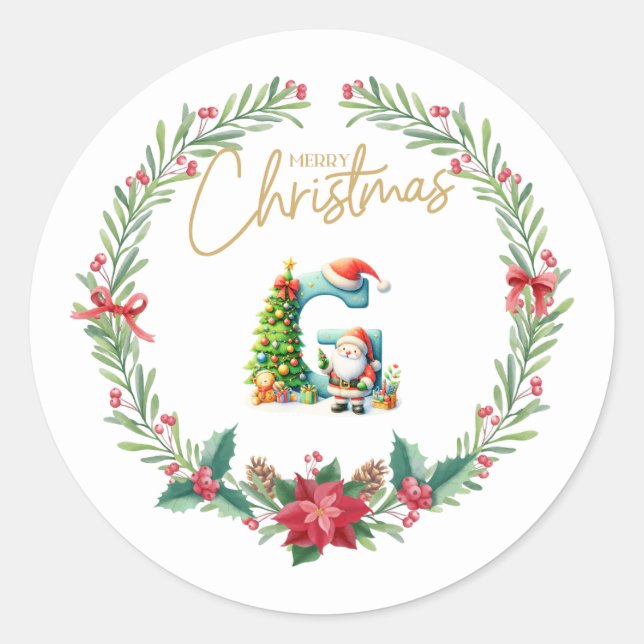Monogram letter G, Christmas Wreath w/ Santa Claus Classic Round Sticker (Front)