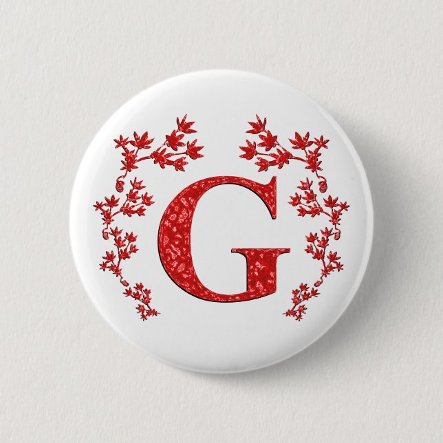 Monogram Letter G Red Leaves 6 Cm Round Badge (Front)