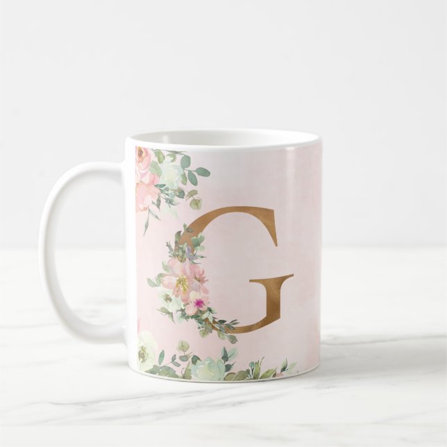 Monogram Letter G Watercolor Floral Coffee Mug (Left)