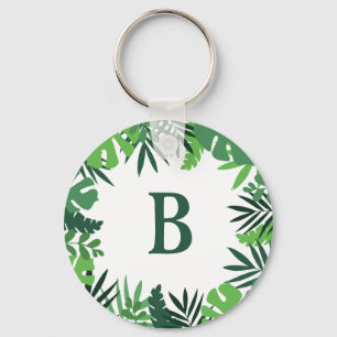 Monogram letter green floral tropical palm leaves key ring
