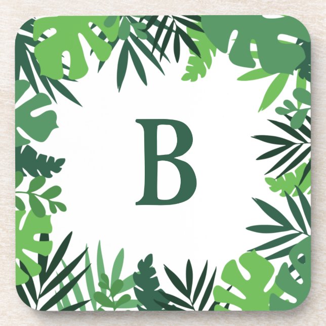 Monogram letter green tropical palm leaves jungle coaster (Front)