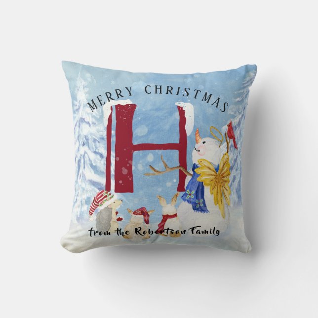 Monogram Letter H Winter Trees Christmas Snowman Cushion (Front)