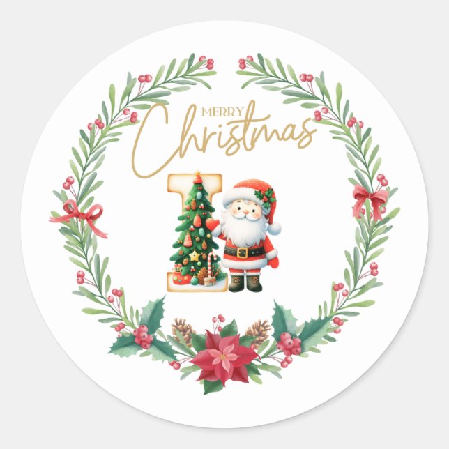 Monogram letter I, Christmas Wreath w/ Santa Claus Classic Round Sticker (Front)