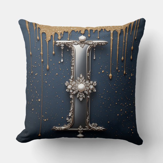 Monogram Letter I Navy Gold Dripping Paint Cushion (Front)