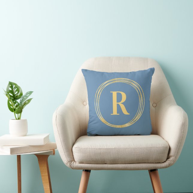Monogram Letter Initial Dusty Blue Gold Circles Cushion (Chair)