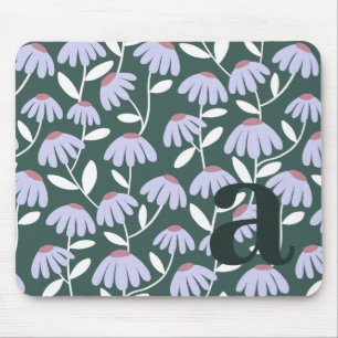 Monogram Letter Initial Green Floral Pattern Mouse Pad