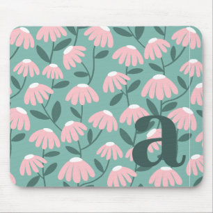 Monogram Letter Initial Pink Green Floral Pattern Mouse Pad