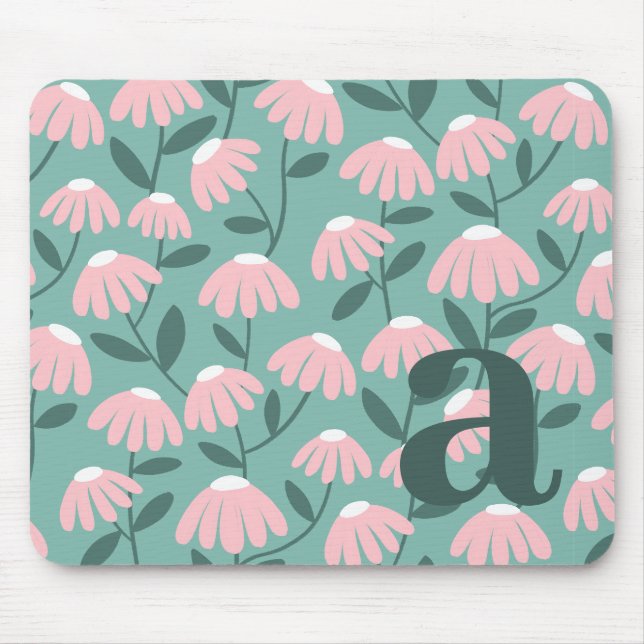 Monogram Letter Initial Pink Green Floral Pattern Mouse Pad (Front)