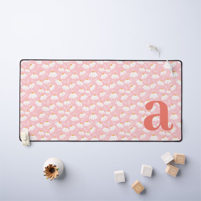 Monogram Letter Initial Pink/White Floral Pattern Desk Mat (Kids Table)