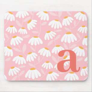 Monogram Letter Initial Pink/White Floral Pattern Mouse Pad