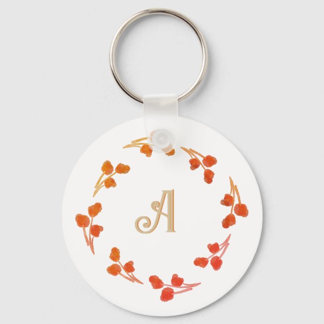 Monogram Letter Initial Retro Berry Red Orange Key Ring (Front)