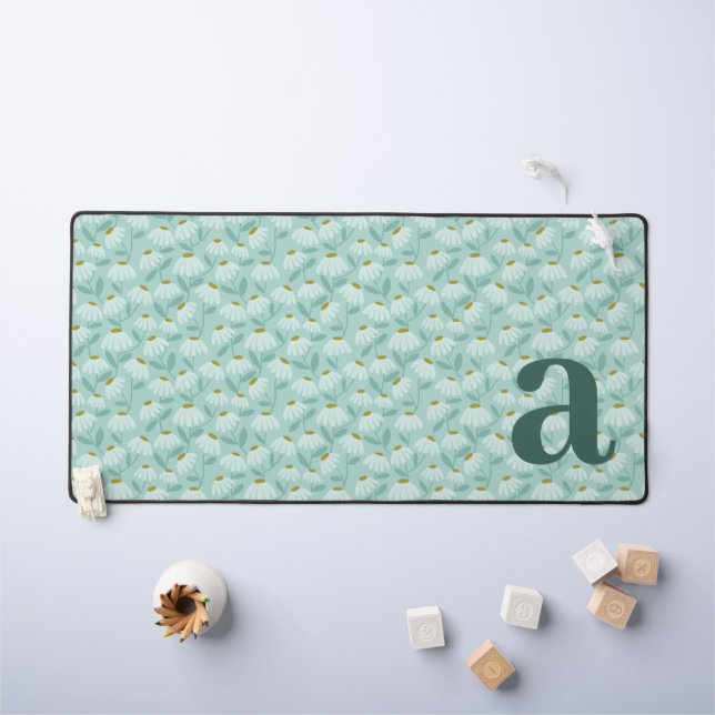 Monogram Letter Initial Teal Blue Floral Pattern Desk Mat (Kids Table)