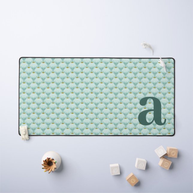 Monogram Letter Initial Teal Blue Vintage Floral Desk Mat (Kids Table)