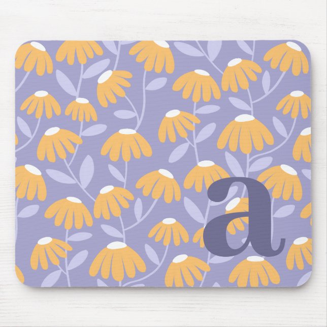 Monogram Letter Initial Yellow Blue Floral Pattern Mouse Pad (Front)