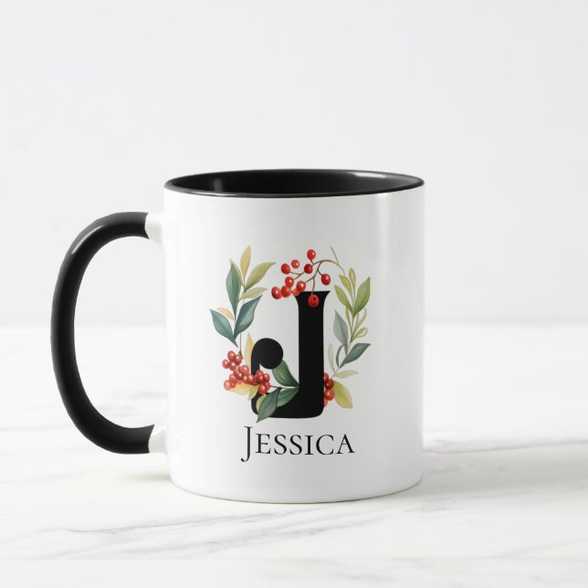 Monogram Letter J Christmas Berry Wreath Mug (Left)