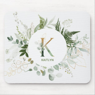 Monogram Letter K Greenery Wreath Mouse Pad
